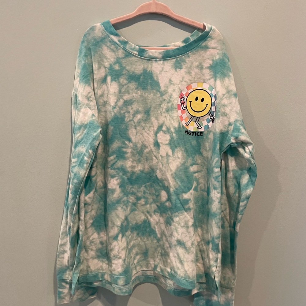 Justice Blue and White Long Sleeve Tee with Smiley Face